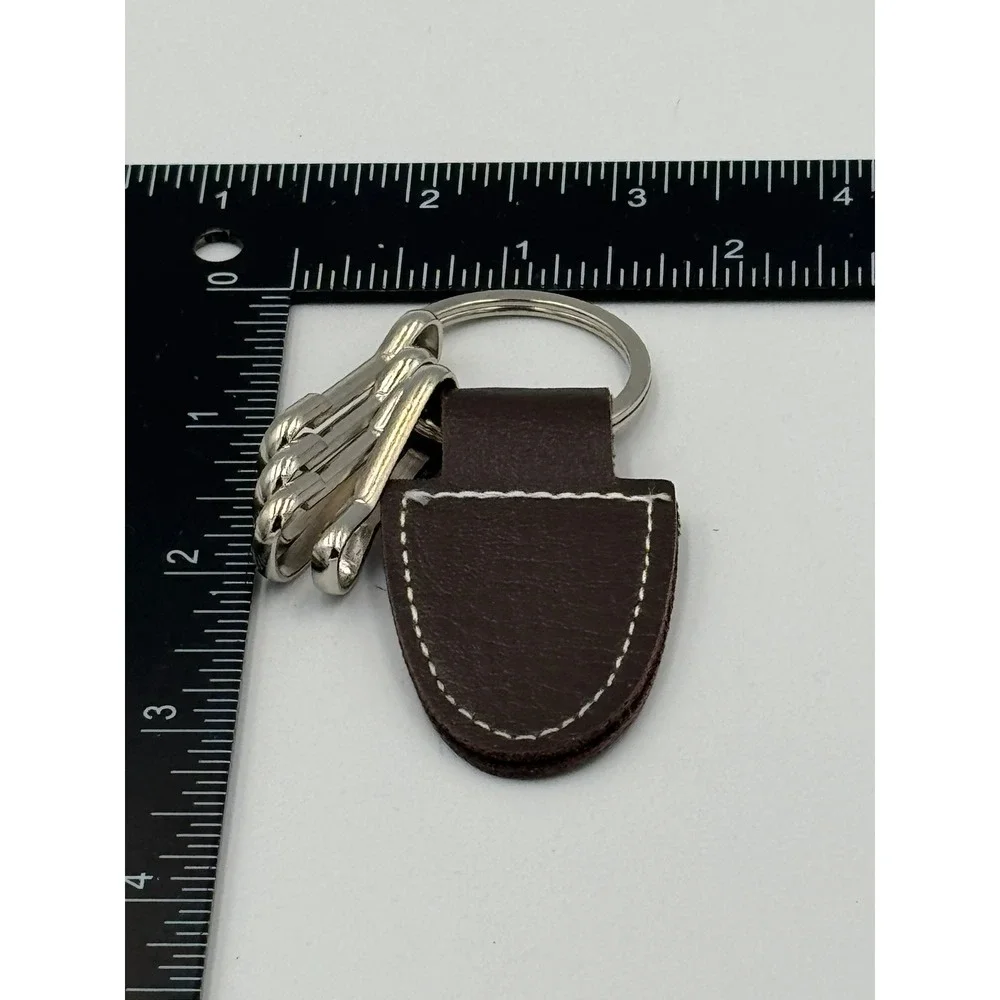 Brown Faux Leather Key Fob Keychain‎ with 4 Silver Key Clips Contrast Stitching